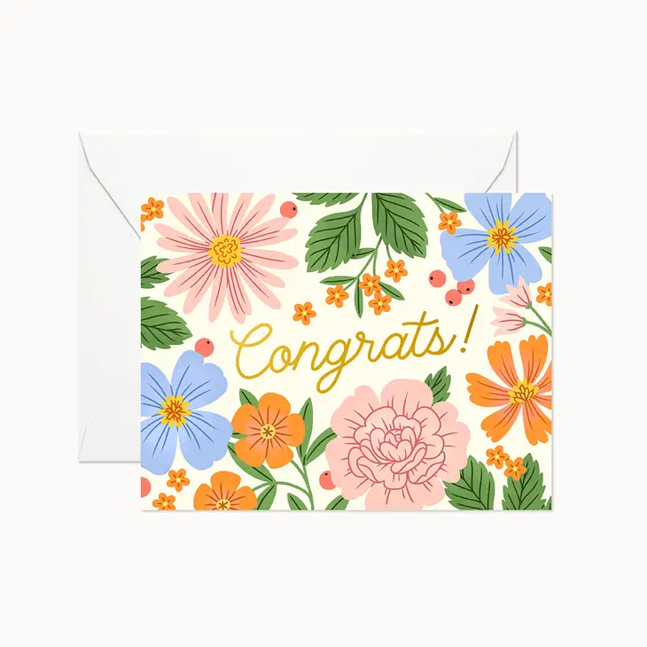 Congrats greeting card in summer garden print with colourful flowers