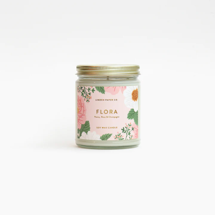 Candle jar with glass lid and illustrated Flora label printed in full colour with gold foil text