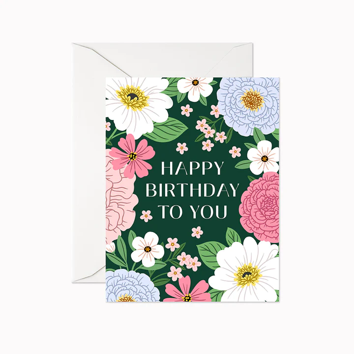 Happy Birthday To You greeting card with dark green background and ranunculus flowers