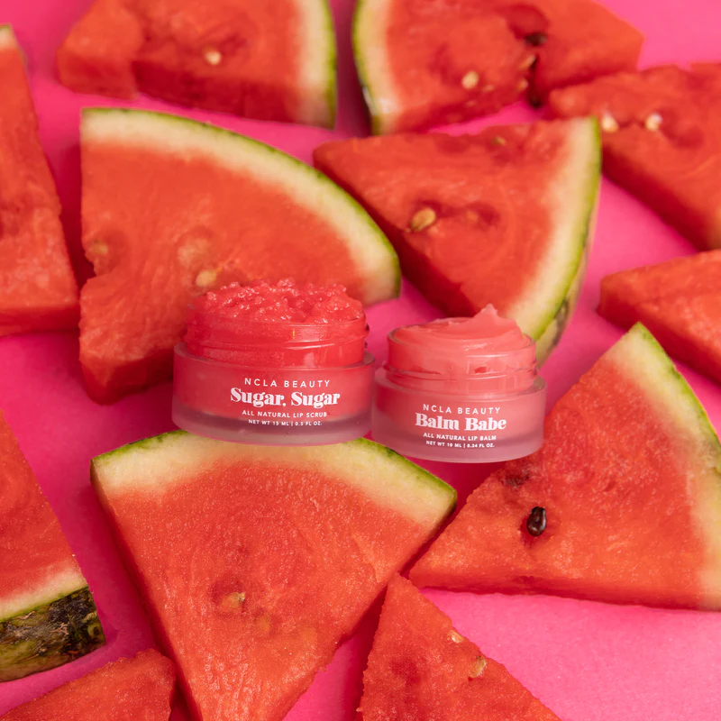 Watermelon lip scrub and lip balm among slides of watermelon fruit