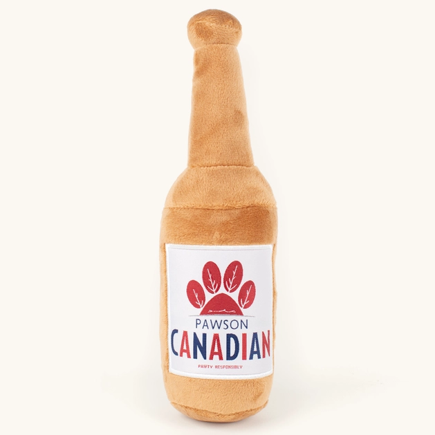 Pawson Canadian dog toy in shape of a beer bottle