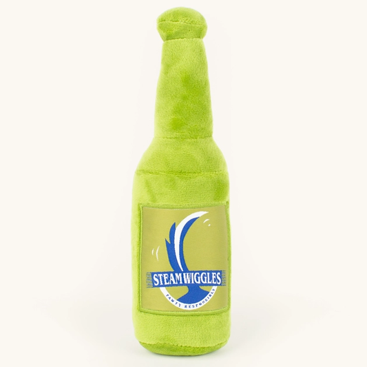 Steam Wiggles dog toy in shape of a green beer bottle