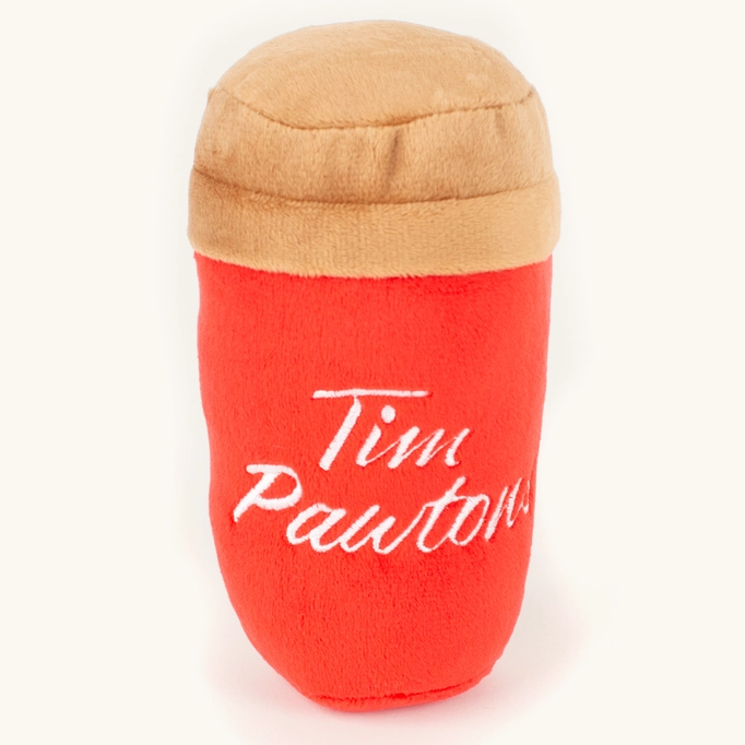 Red Tim Pawtons dog toy in shape of a coffee cup